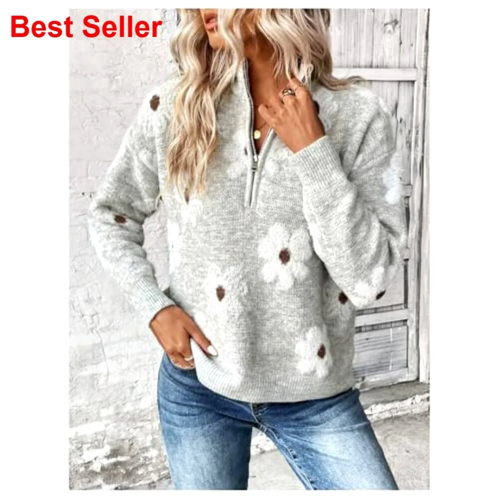 Quarter Zip Floral Pullover Sweater Long Sleeve V Neck Casual Top - Picture 5 of 7